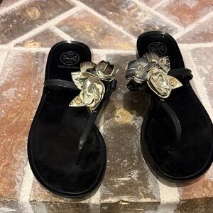 Tory Burch Black Sandals with Silver Floral Accents